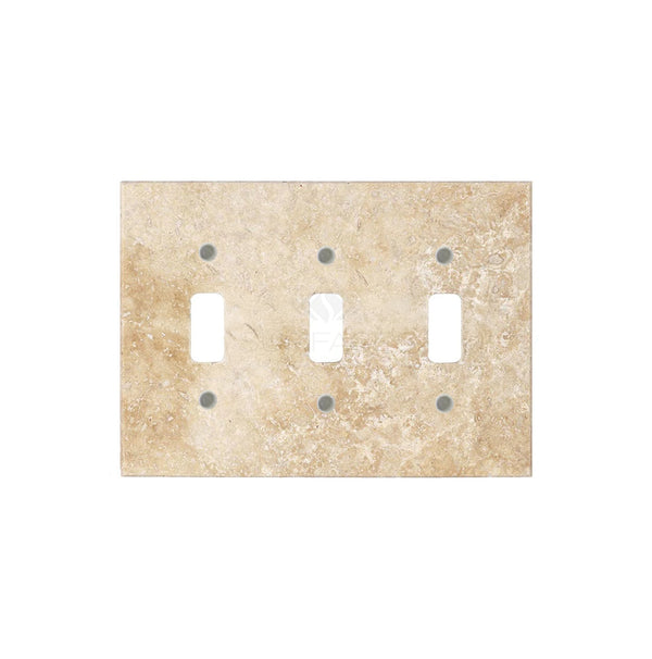 Walnut Travertine Triple TOGGLE Plate from SurfacesGalore, crafted from authentic travertine for a sophisticated look, featuring three toggle openings on a white background.