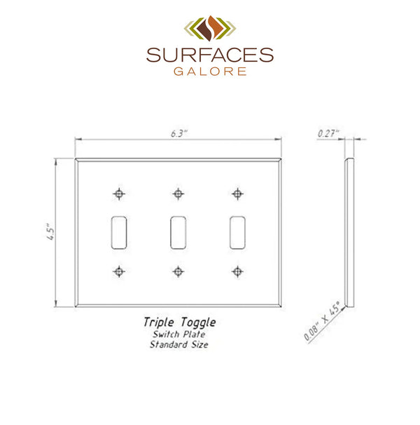 Diagram of a Walnut Travertine Triple TOGGLE Plate Switch Wall Plate from SurfacesGalore, showcasing dimensions. This cover plate's elegant design incorporates elements reminiscent of natural stone, adding a touch of sophistication to any space.