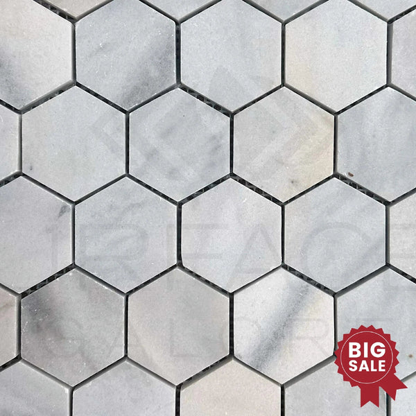 White Marble (Bianco Venato) 2 inch Hexagon Honed Mosaic Tile 45 Sq.Ft. - Discounted, Marble/Travertine Clearance Sale - SurfacesGalore