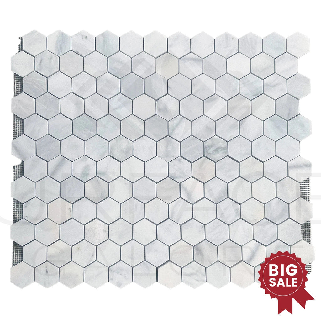 White Marble (Bianco Venato) 2 inch Hexagon Honed Mosaic Tile 45 Sq.Ft. - Discounted, Marble/Travertine Clearance Sale - SurfacesGalore