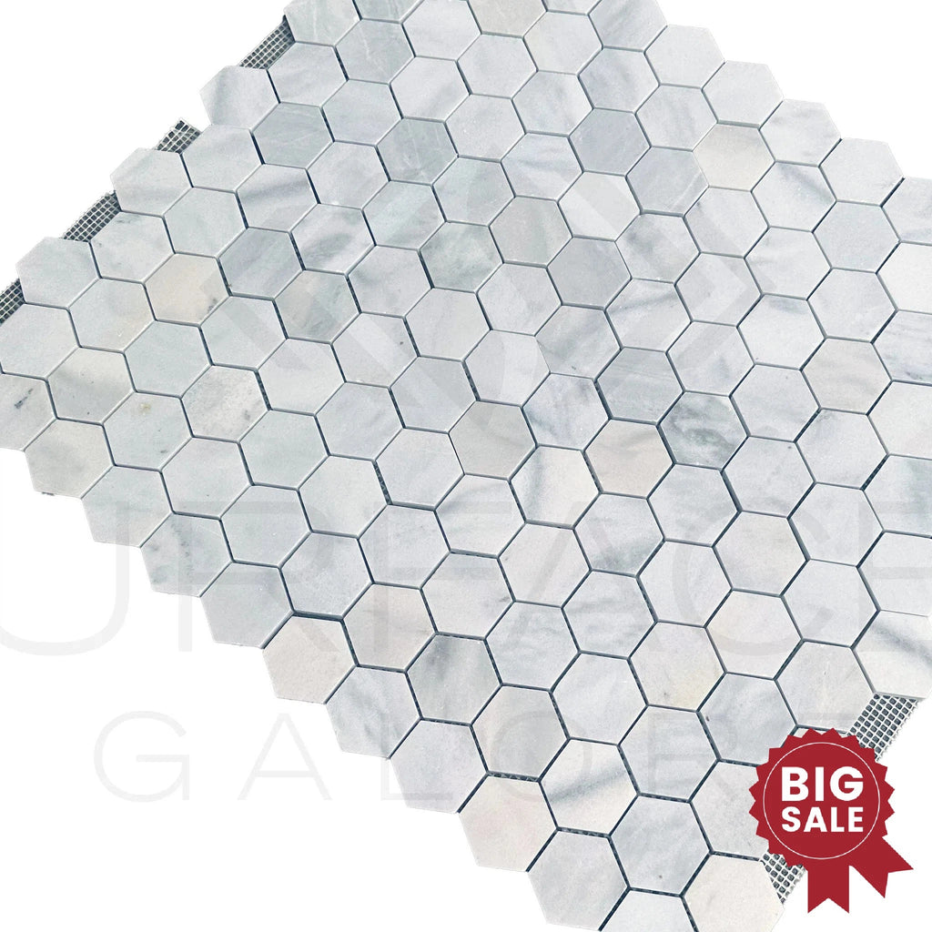 White Marble (Bianco Venato) 2 inch Hexagon Honed Mosaic Tile 45 Sq.Ft. - Discounted, Marble/Travertine Clearance Sale - SurfacesGalore