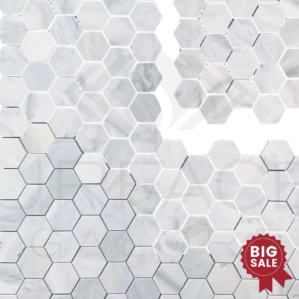 White Marble (Bianco Venato) 2 inch Hexagon Honed Mosaic Tile 45 Sq.Ft. - Discounted, Marble/Travertine Clearance Sale - SurfacesGalore