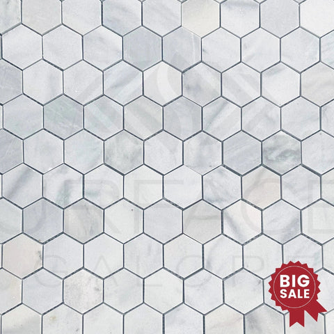 White Marble (Bianco Venato) 2 inch Hexagon Honed Mosaic Tile 45 Sq.Ft. - Discounted, Marble/Travertine Clearance Sale - SurfacesGalore