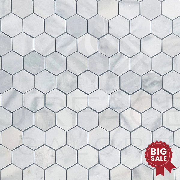 White Marble (Bianco Venato) 2 inch Hexagon Honed Mosaic Tile 45 Sq.Ft. - Discounted, Marble/Travertine Clearance Sale - SurfacesGalore