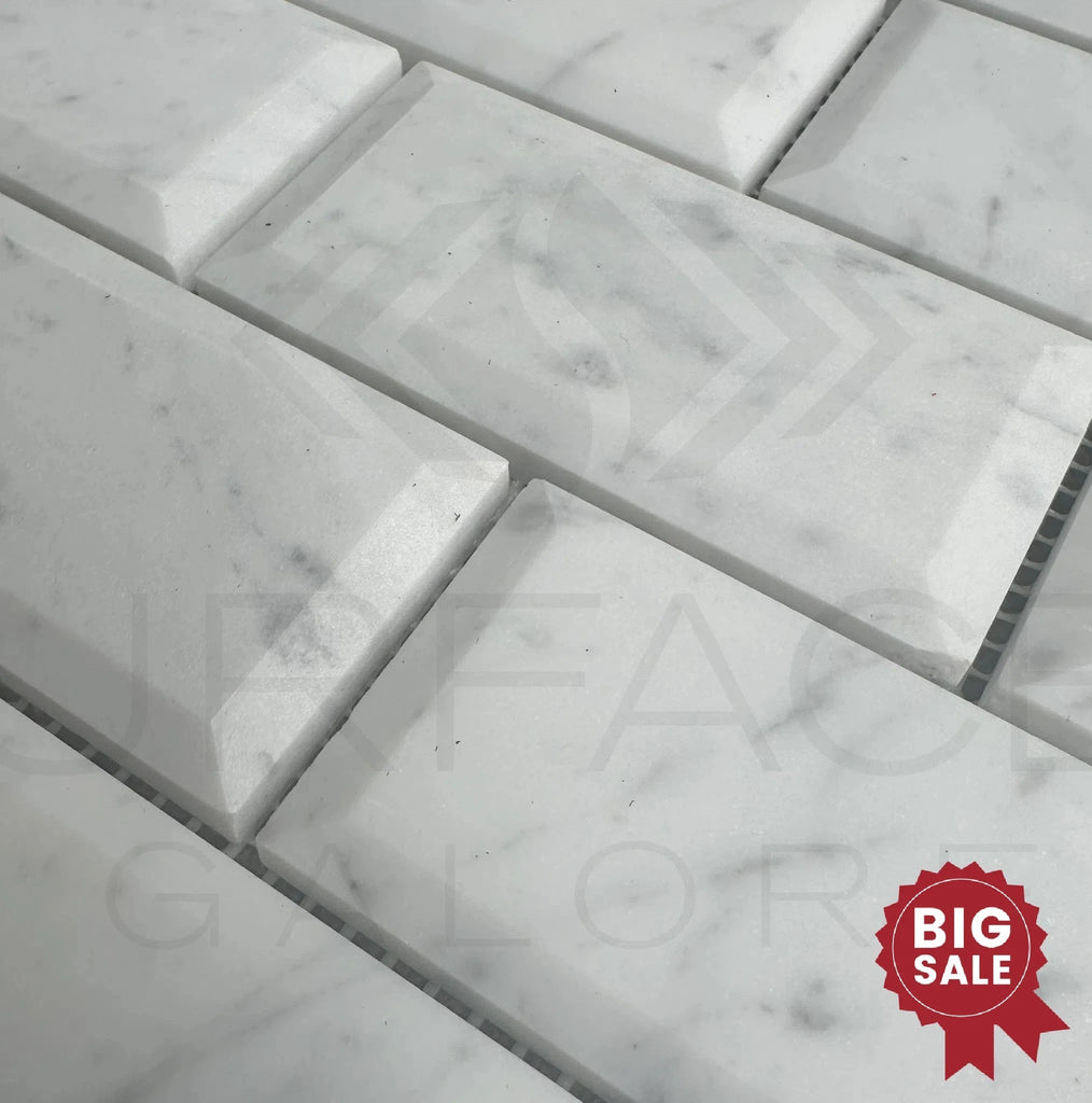 White Marble (Bianco Venato) 2X4 Deep - Beveled Honed Brick Mosaic Tile 55 Sq.Ft. - Discounted, Marble/Travertine Clearance Sale - SurfacesGalore