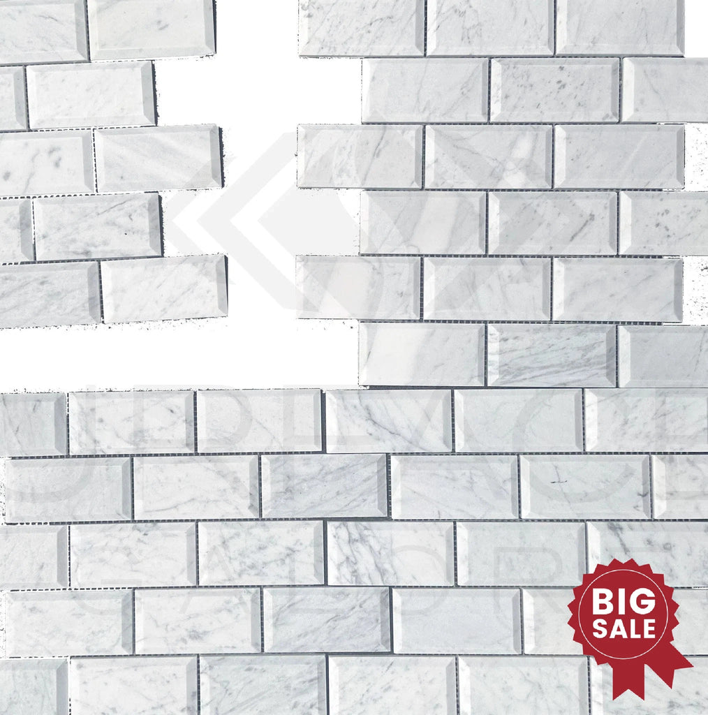 White Marble (Bianco Venato) 2X4 Deep - Beveled Honed Brick Mosaic Tile 55 Sq.Ft. - Discounted, Marble/Travertine Clearance Sale - SurfacesGalore