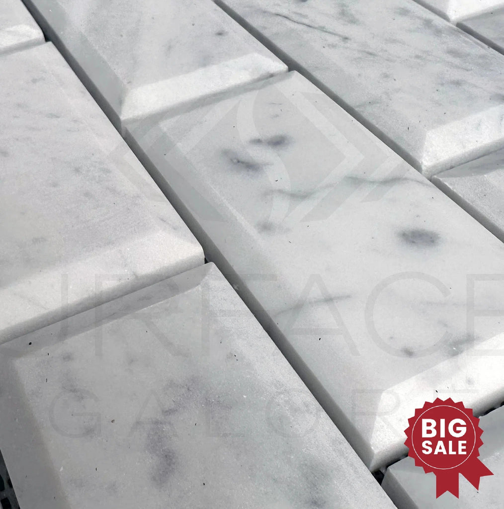 White Marble (Bianco Venato) 2X4 Deep - Beveled Honed Brick Mosaic Tile 55 Sq.Ft. - Discounted, Marble/Travertine Clearance Sale - SurfacesGalore