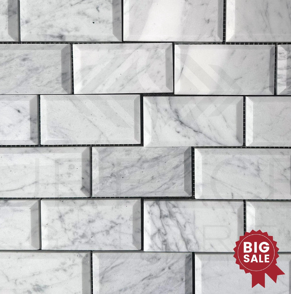 White Marble (Bianco Venato) 2X4 Deep - Beveled Honed Brick Mosaic Tile 55 Sq.Ft. - Discounted, Marble/Travertine Clearance Sale - SurfacesGalore