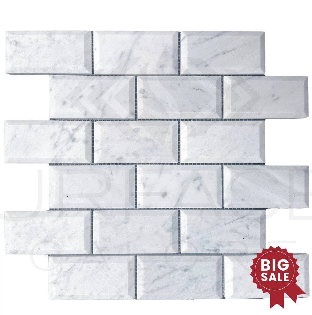 White Marble (Bianco Venato) 2X4 Deep - Beveled Honed Brick Mosaic Tile 55 Sq.Ft. - Discounted, Marble/Travertine Clearance Sale - SurfacesGalore