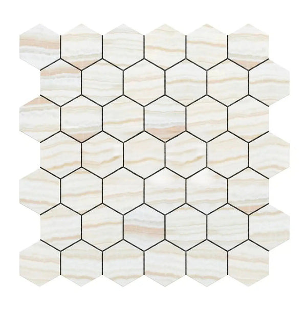 White Onyx (Bianco-Vanilla) 2 inch Hexagon (Cross-Cut) Mosaic Marble Tile Polished