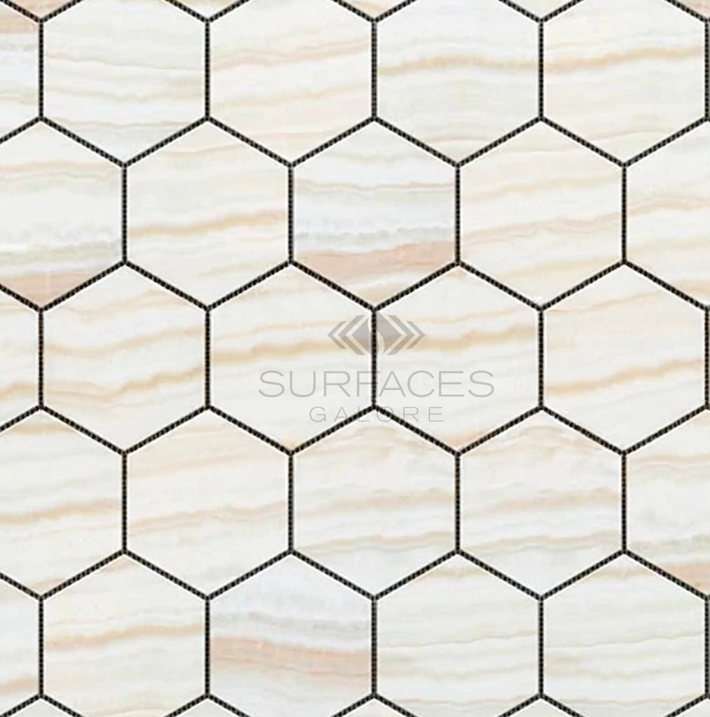 White Onyx (Bianco - Vanilla) 2 inch Hexagon (Cross - Cut)Premium Mosaic Marble Tile Polished - SurfacesGalore