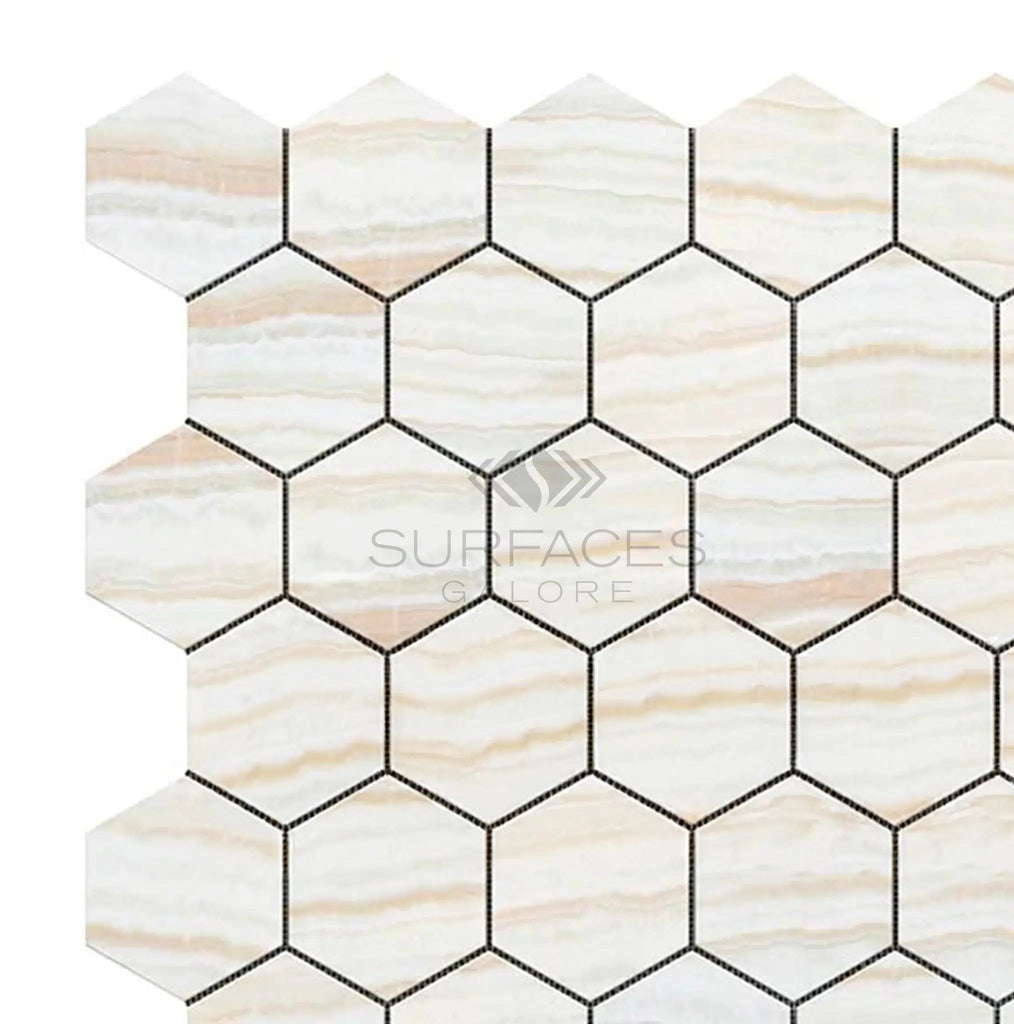 White Onyx (Bianco - Vanilla) 2 inch Hexagon (Cross - Cut)Premium Mosaic Marble Tile Polished - SurfacesGalore