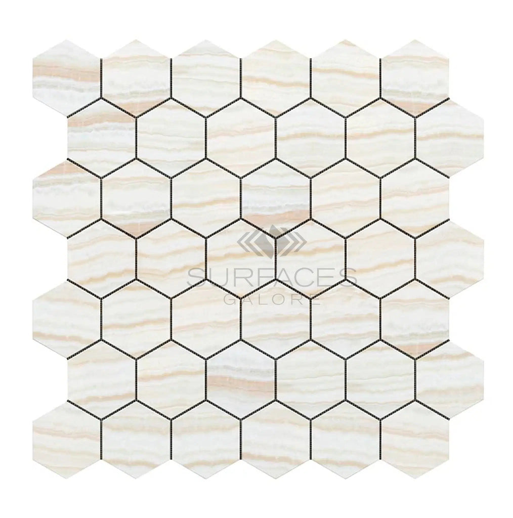 White Onyx (Bianco - Vanilla) 2 inch Hexagon (Cross - Cut)Premium Mosaic Marble Tile Polished - SurfacesGalore