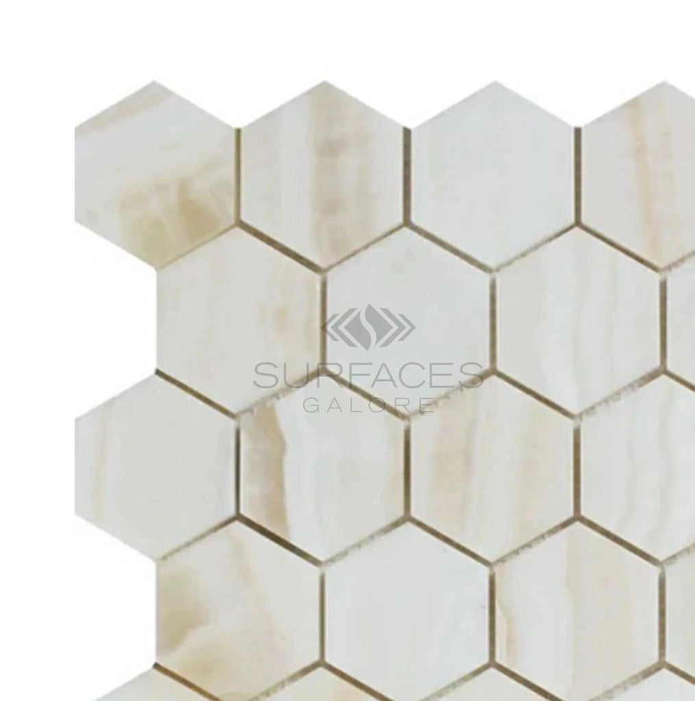 White Onyx (Bianco-Vanilla) 2 inch Hexagon (Vein-Cut) Mosaic Marble Tile Polished