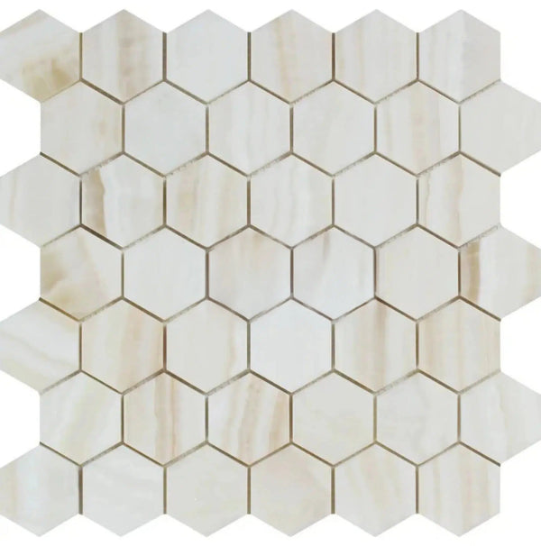 White Onyx (Bianco-Vanilla) 2 inch Hexagon (Vein-Cut) Mosaic Marble Tile Polished