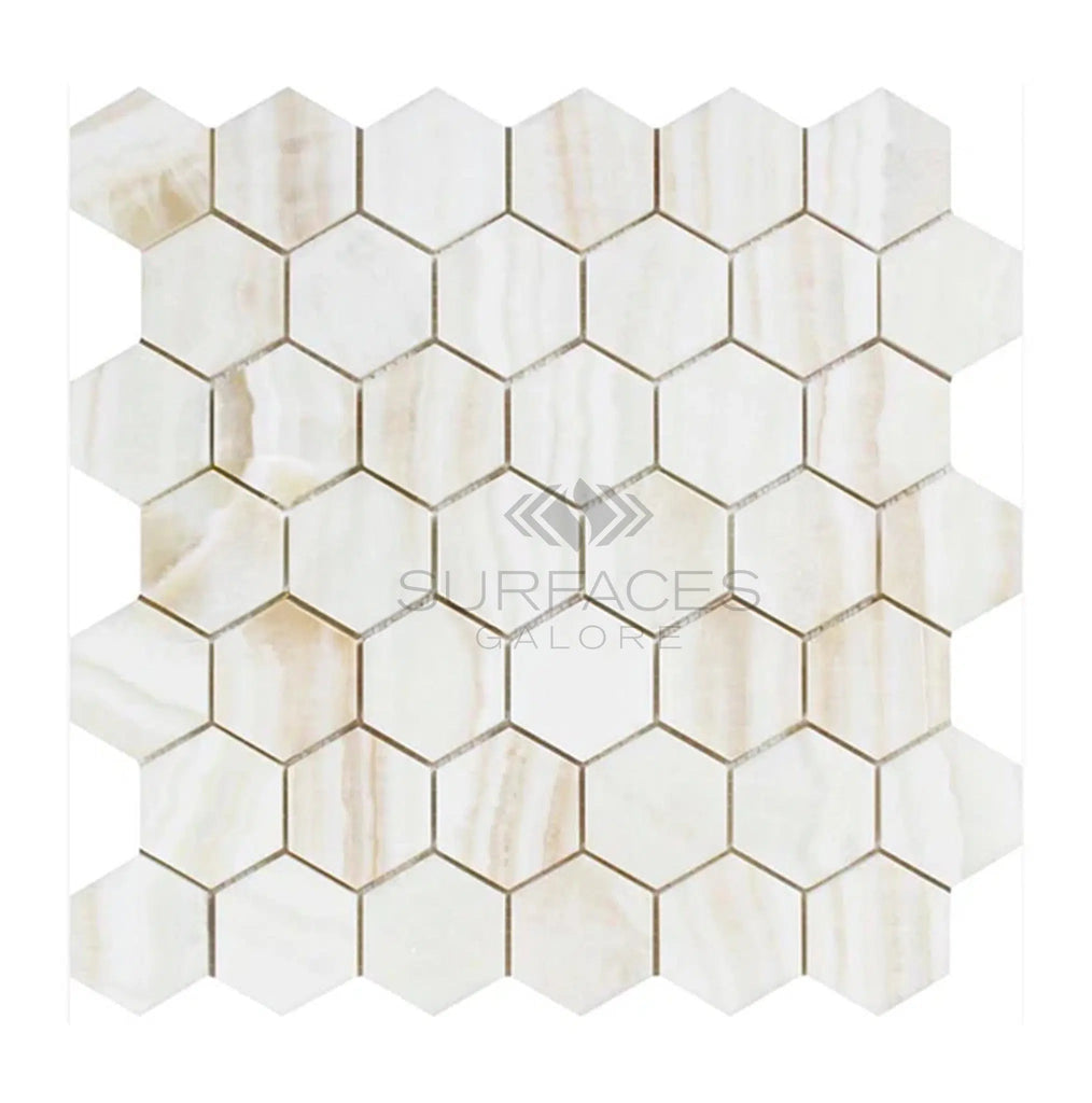 White Onyx (Bianco - Vanilla) 2 inch Hexagon (Vein - Cut)Premium Mosaic Marble Tile Polished - SurfacesGalore