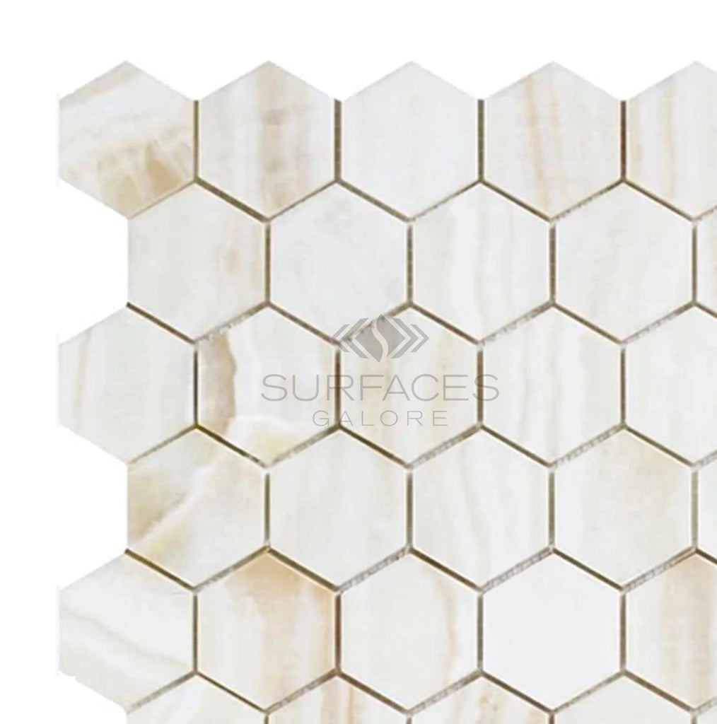 White Onyx (Bianco - Vanilla) 2 inch Hexagon (Vein - Cut)Premium Mosaic Marble Tile Polished - SurfacesGalore