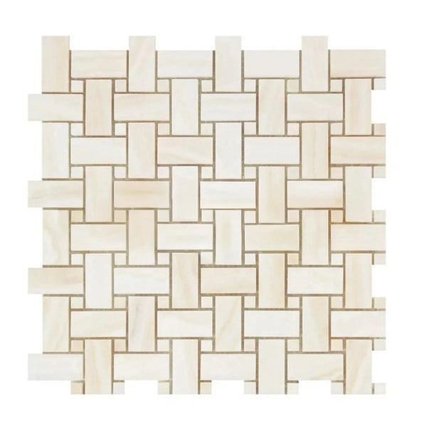 White Onyx (Bianco-Vanilla) Basketweave Mosaic w/White Onyx Dots (Cross-Cut) Mosaic Marble Tile Polished