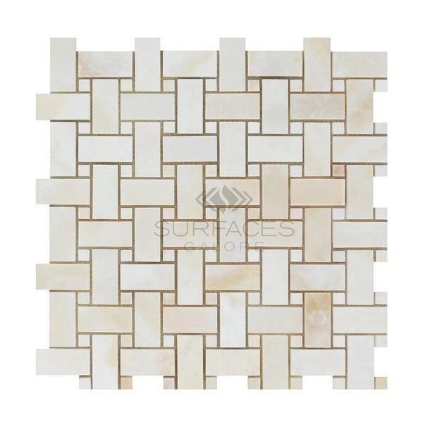 Mosaic tile pattern featuring interlocking beige and cream rectangular tiles, enhanced by premium quality White Onyx (Bianco-Vanilla) Basketweave Mosaic with White Onyx Dots (Cross-Cut) Polished Premium Marble Tile from SurfacesGalore, with the "Surfaces Salone" logo in the center.