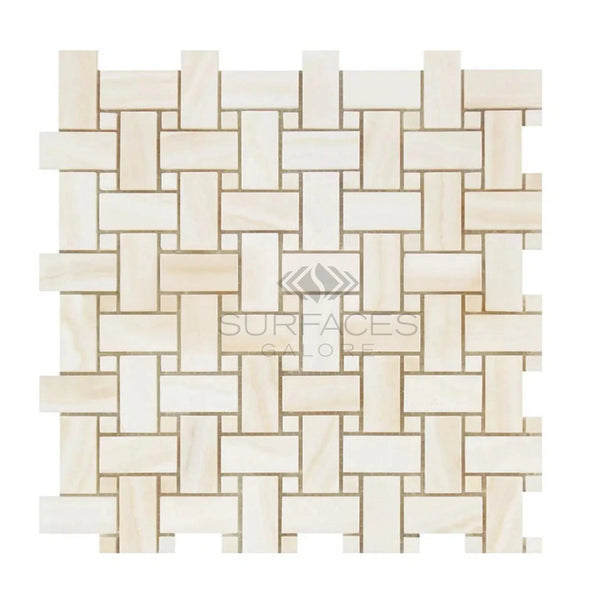 White Onyx (Bianco-Vanilla) Basketweave Mosaic w/White Onyx Dots (Vein-Cut) Mosaic Marble Tile Polished