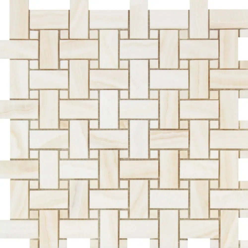 A premium quality marble basket weave tile pattern featuring White Onyx (Bianco-Vanilla) rectangular tiles and white onyx dots with tan grout lines from SurfacesGalore.