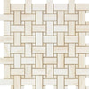 A premium quality marble basket weave tile pattern featuring White Onyx (Bianco-Vanilla) rectangular tiles and white onyx dots with tan grout lines from SurfacesGalore.