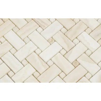 A seamless White Onyx (Bianco-Vanilla) basketweave mosaic tile pattern is shown, featuring white onyx dots and vein-cut premium quality marble for an elegant touch, by SurfacesGalore.