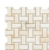 The White Onyx (Bianco-Vanilla) Basketweave Mosaic with White Onyx Dots (Vein-Cut) by SurfacesGalore features a beige and white tile pattern in an interwoven rectangular design, showcasing premium quality polished marble.