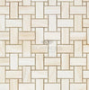 A beige and white tile mosaic in a woven pattern, featuring premium quality White Onyx (Bianco-Vanilla) Basketweave Mosaic with White Onyx Dots (Vein-Cut) from "SurfacesGalore" at the center.