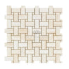 Light beige basketweave mosaic pattern with white onyx dots on a white background, featuring the text "SurfacesGalore" in the center, showcasing premium quality White Onyx (Bianco-Vanilla) marble.