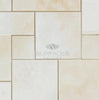 A rectangular tile pattern in beige and cream with subtle color variations, featuring the "SurfacesGalore" text and reminiscent of premium quality marble; introducing the White Onyx (Bianco-Vanilla) OPUS 4 pcs. Mini Pattern (Cross-Cut) Premium Mosaic Marble Tile Polished.