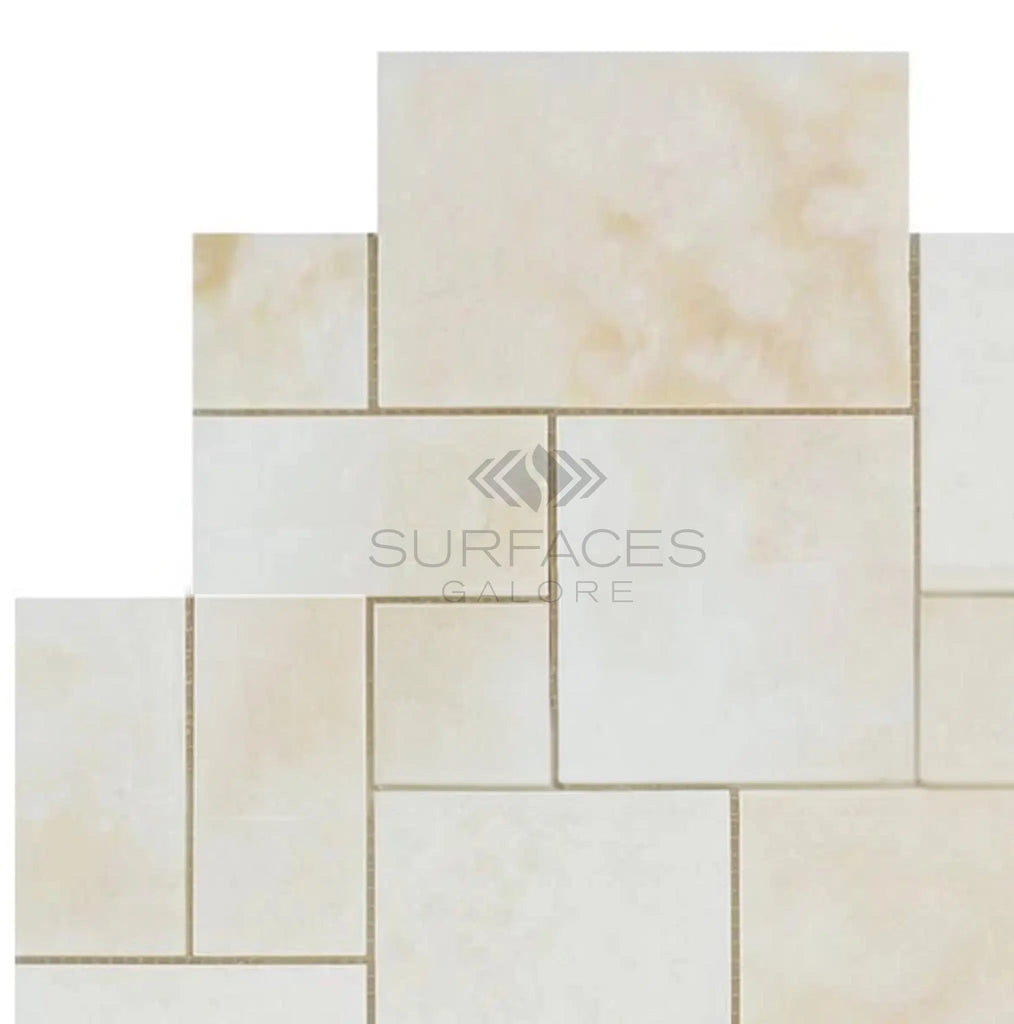 White Onyx (Bianco-Vanilla) OPUS 4 pcs. Mini Pattern (Cross-Cut) Premium Mosaic Marble Tiles in varying sizes arranged in a staggered pattern with polished premium quality marble accents. Text "SurfacesGalore" over the center.