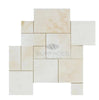 Pattern of cream and beige tiles in various shapes and sizes, featuring premium quality marble and branded with "SurfacesGalore" in the center.