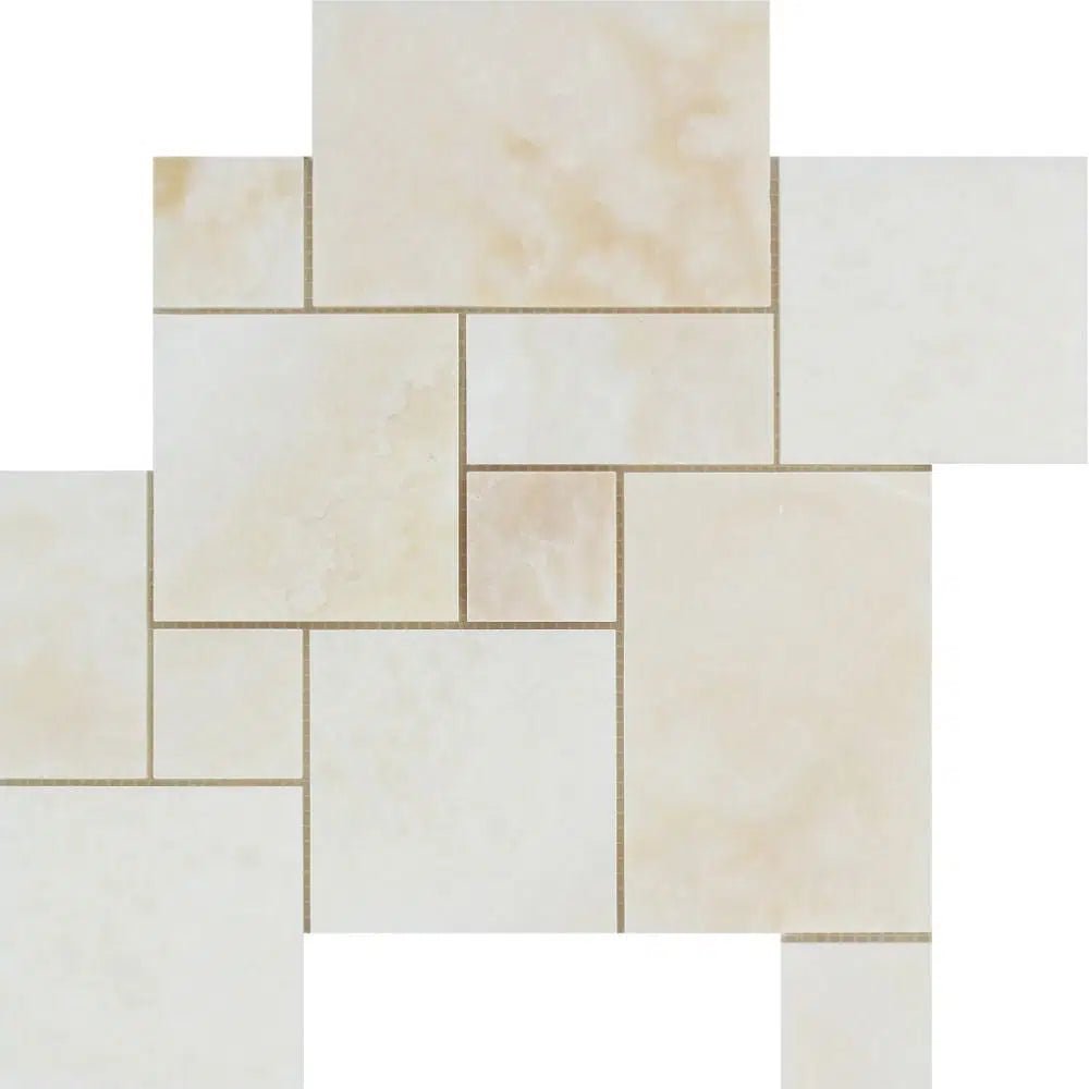 A tile pattern featuring a mix of rectangular and square beige and cream-colored tiles with subtle variations in shade, enhanced by touches of SurfacesGalore's premium quality White Onyx (Bianco-Vanilla) OPUS 4 pcs. Mini Pattern (Cross-Cut) Polished Mosaic Marble Tile.