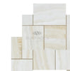 A display of White Onyx (Bianco-Vanilla) OPUS 4 pcs. Mini Pattern (Vein-Cut) Premium Mosaic Marble Tile Polished arranged in a staggered pattern, showcasing premium quality craftsmanship, with 'SurfacesGalore' text overlay.