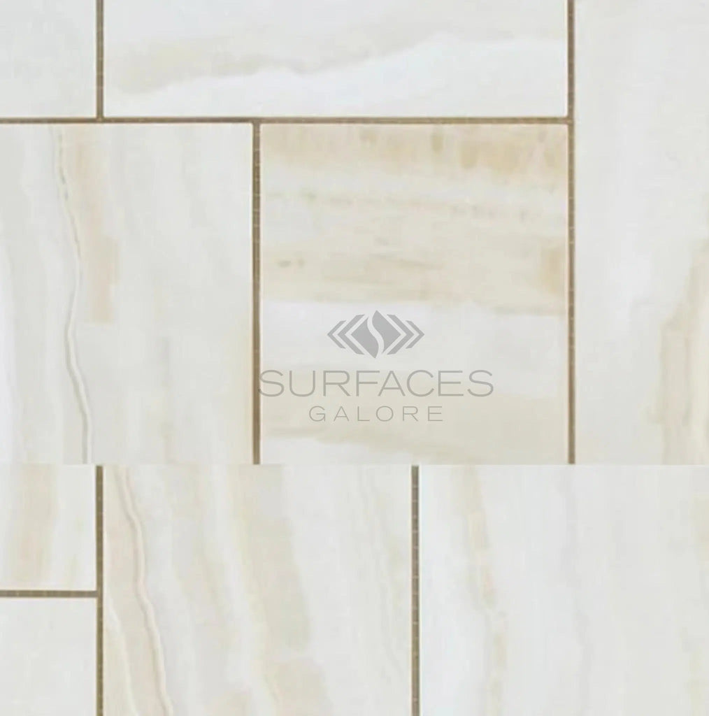 A light beige and cream rectangular tile pattern with the text "SurfacesGalore" overlaid in the center, showcasing its premium quality. This is the White Onyx (Bianco-Vanilla) OPUS 4 pcs. Mini Pattern (Vein-Cut) Premium Mosaic Marble Tile Polished by SurfacesGalore.