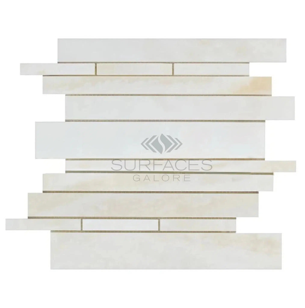 White Onyx (Bianco-Vanilla) Random-Strip (Manhattan) (Cross-cut) Mosaic Marble Tile Polished