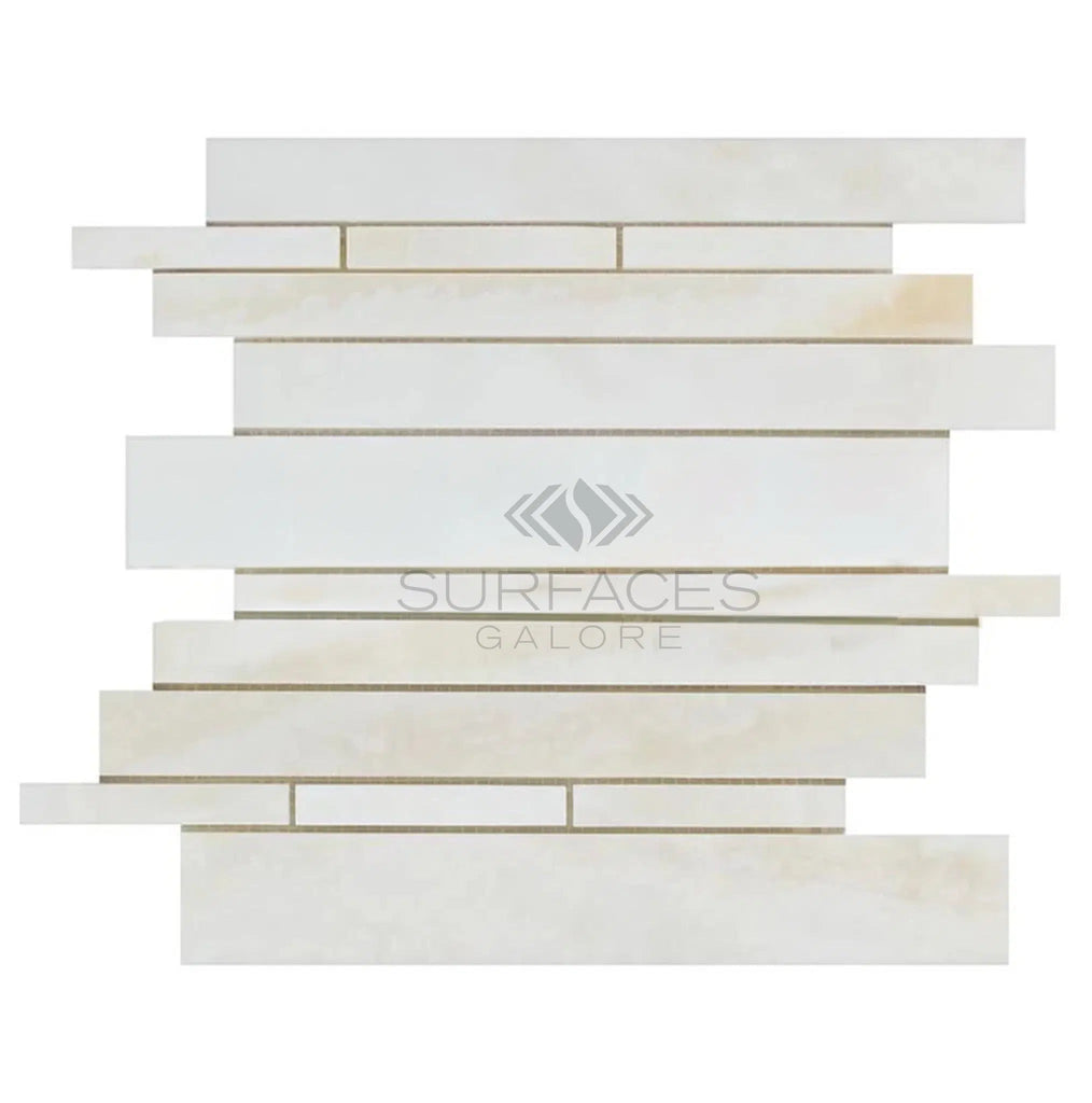 A premium quality mosaic tile pattern with randomly arranged polished horizontal rectangular tiles in shades of white and beige, labeled "White Onyx (Bianco-Vanilla) Random-Strip (Manhattan) (Cross-cut) Premium Mosaic Marble Tile Polished" by SurfacesGalore.