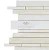 Rectangular beige and white White Onyx (Bianco-Vanilla) Random-Strip (Manhattan) (Cross-cut) Premium Mosaic Marble Tiles, polished to perfection, arranged in a staggered brick pattern with the logo "SurfacesGalore" on top.