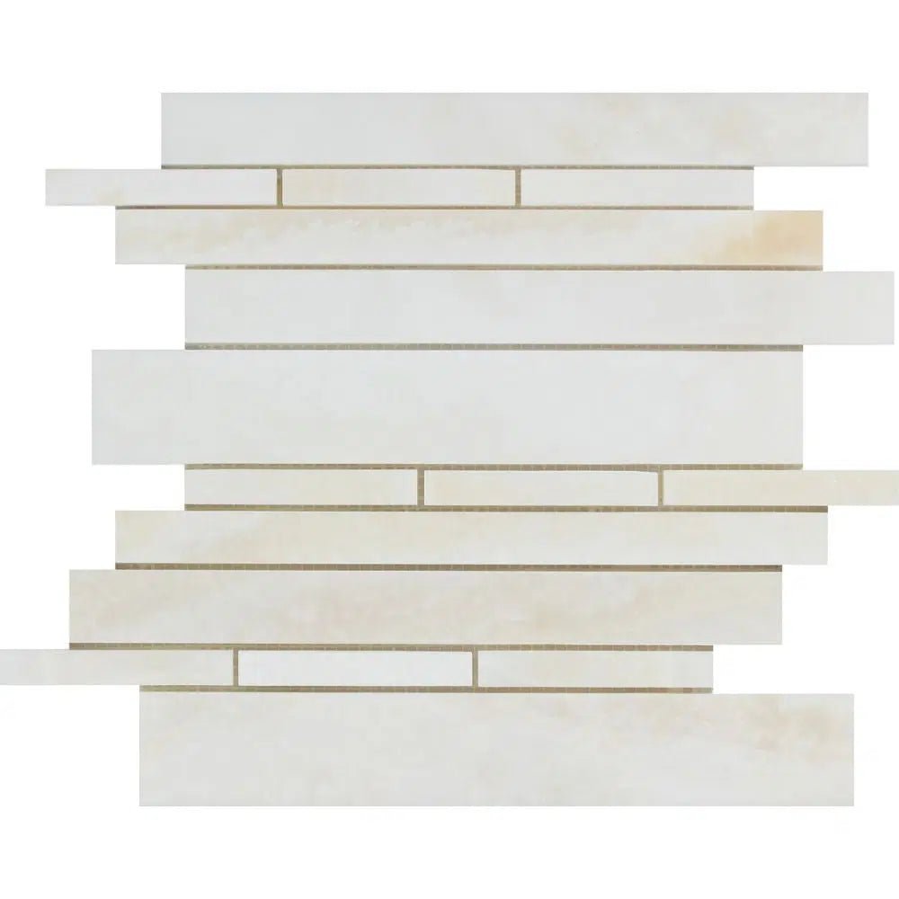 Staggered mosaic pattern featuring the SurfacesGalore White Onyx (Bianco-Vanilla) Random-Strip (Manhattan) (Cross-cut) Premium Mosaic Marble Tile Polished, with beige tiles of various lengths aligned in horizontal rows.