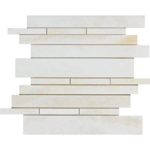 Staggered mosaic pattern featuring the SurfacesGalore White Onyx (Bianco-Vanilla) Random-Strip (Manhattan) (Cross-cut) Premium Mosaic Marble Tile Polished, with beige tiles of various lengths aligned in horizontal rows.