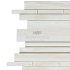 Rectangular tiles of White Onyx (Bianco-Vanilla) Random-Strip (Manhattan) Premium Mosaic Marble, polished and vein-cut, varying in size and arranged in a staggered pattern, with "SurfacesGalore" illuminated at the center.