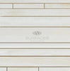 White Onyx (Bianco-Vanilla) Random-Strip (Manhattan) Premium Mosaic Marble Tile Polished, featuring the "SurfacesGalore" logo in the center, is perfect for luxury marble accents or backlit applications.