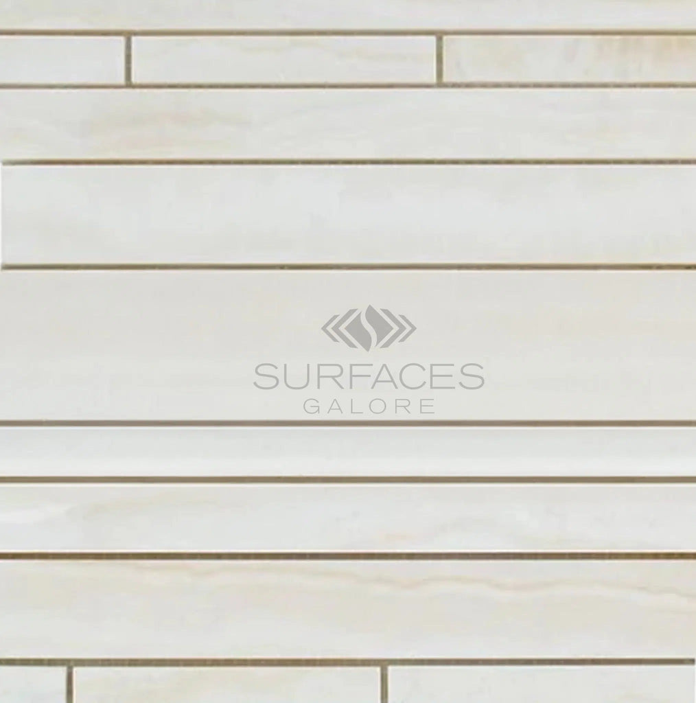 White Onyx (Bianco-Vanilla) Random-Strip (Manhattan) Premium Mosaic Marble Tile Polished, featuring the "SurfacesGalore" logo in the center, is perfect for luxury marble accents or backlit applications.