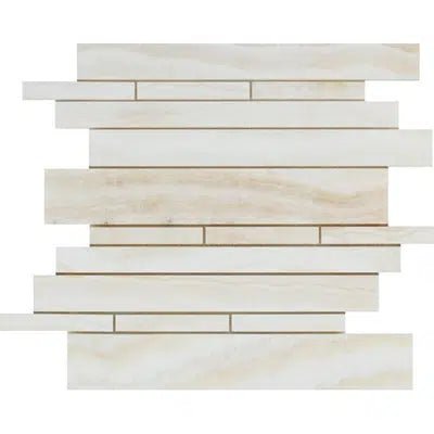 The White Onyx (Bianco-Vanilla) Random-Strip (Manhattan) Vein-cut Premium Mosaic Marble Tile Polished by SurfacesGalore features vertical and horizontal beige tiles arranged in a staggered pattern against a white background, ideal for luxury marble designs or even backlit applications.