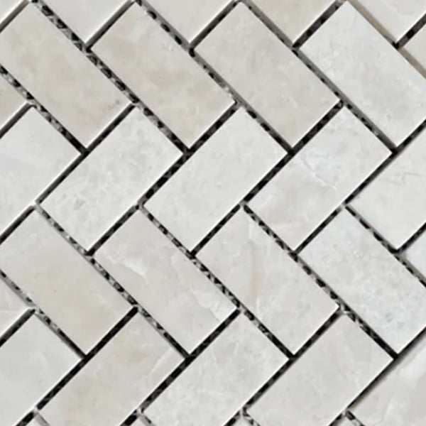 White Pearl/Botticino Beige Marble 1X2 Herringbone Mosaic Polished