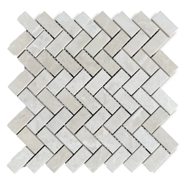 White Pearl/Botticino Beige Marble 1X2 Herringbone Mosaic Polished