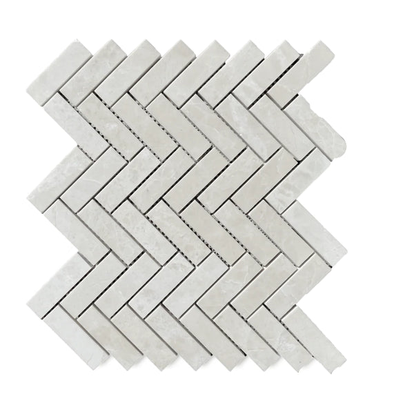 White Pearl/Botticino Beige Marble 1X3 Herringbone Mosaic Polished