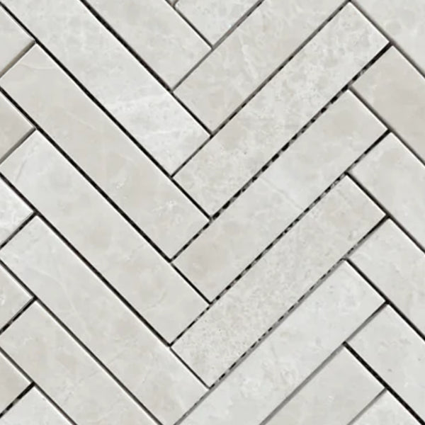 White Pearl/Botticino Beige Marble 1X4 Herringbone Mosaic Polished