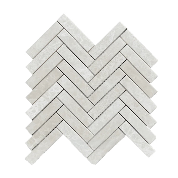 White Pearl/Botticino Beige Marble 1X4 Herringbone Mosaic Polished